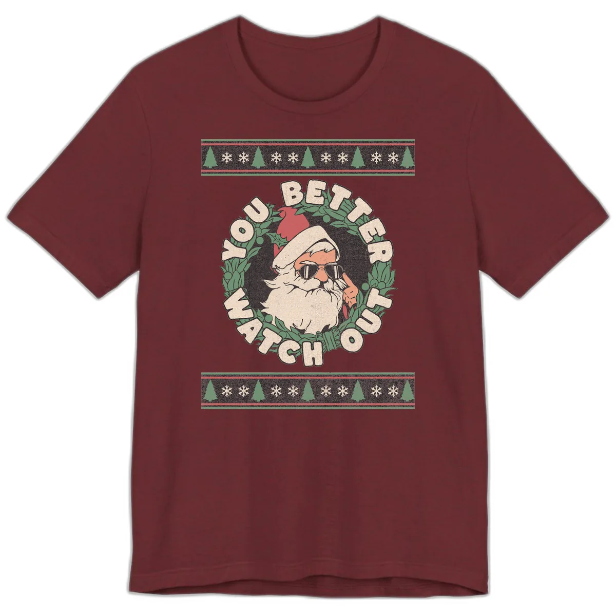 Santa's Watch Out Christmas Crewneck Premium T-Shirt in Heather Cardinal
