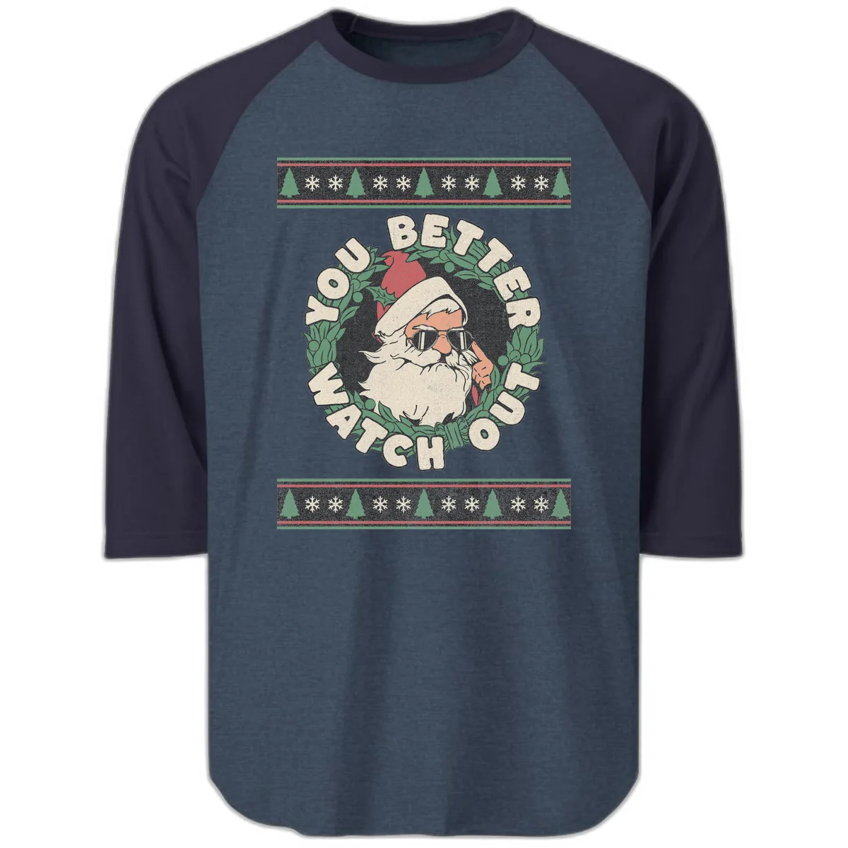Santa's Watch Out Christmas Crewneck Raglan 3/4 in Heather Denim Navy