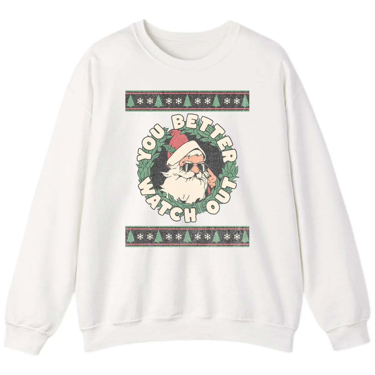 Santa's Watch Out Christmas Crewneck Sweatshirt in White