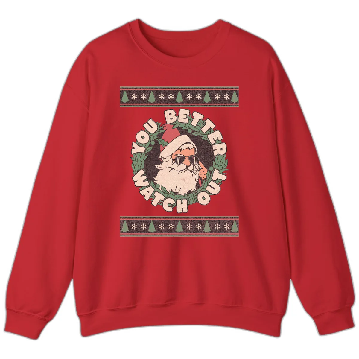 Santa's Watch Out Christmas Crewneck Sweatshirt in Red