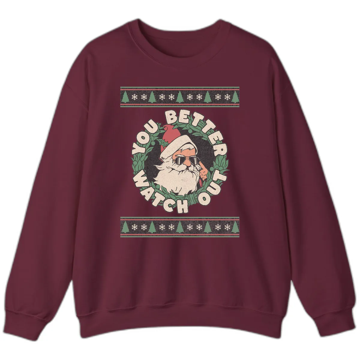 Santa's Watch Out Christmas Crewneck Sweatshirt in Maroon