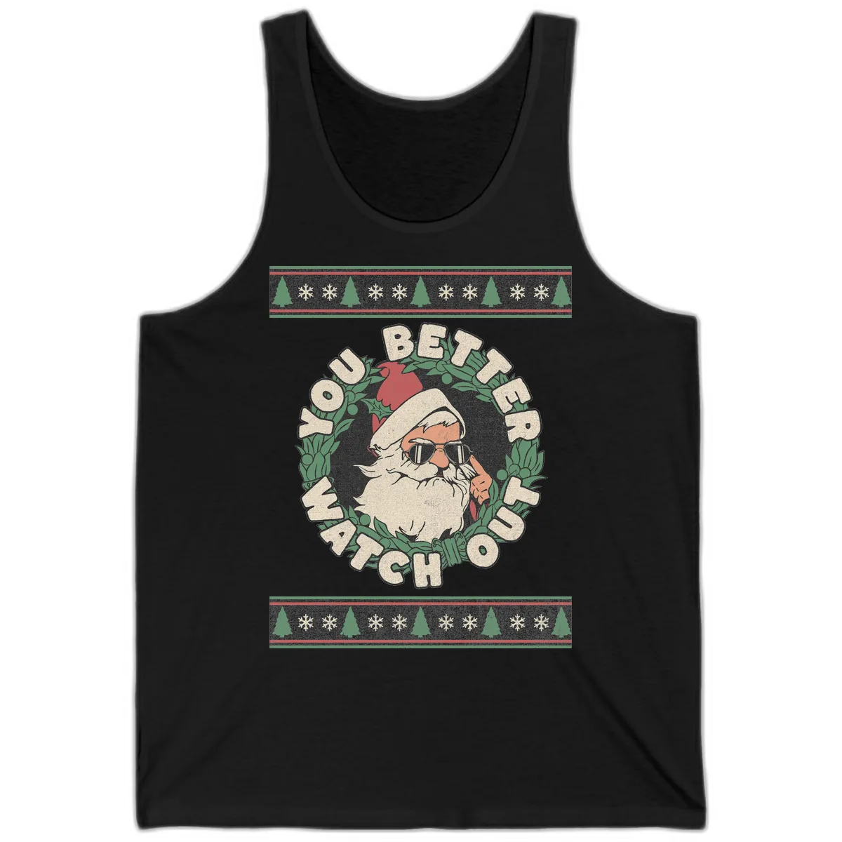 Santa's Watch Out Christmas Crewneck Tank in Black