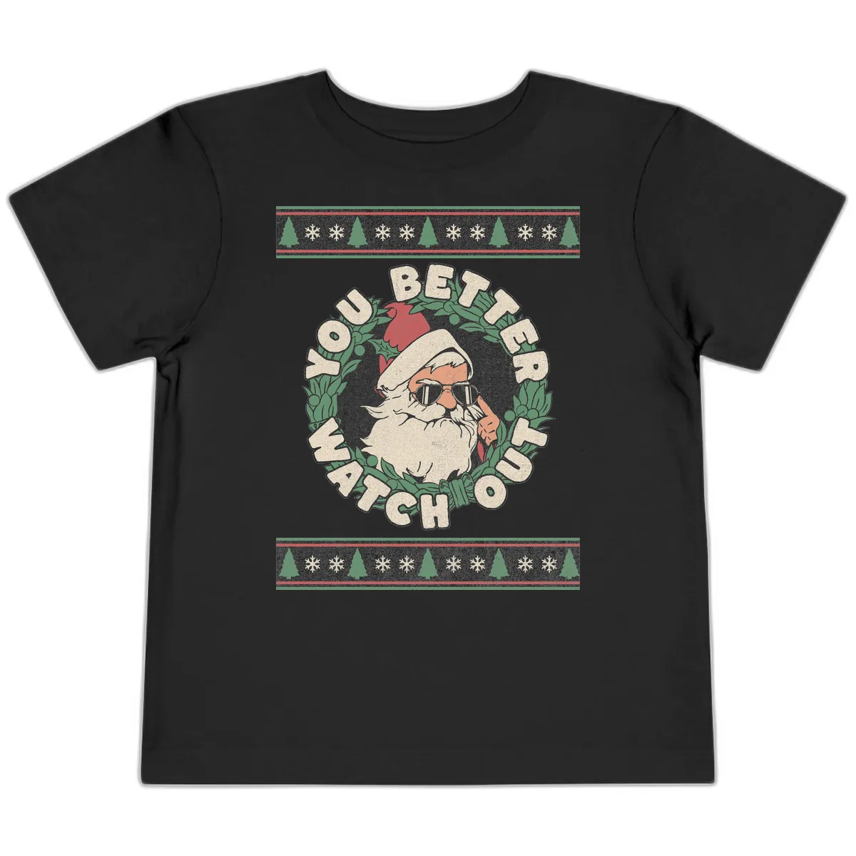 Santa's Watch Out Christmas Crewneck Toddler T-Shirt in Black