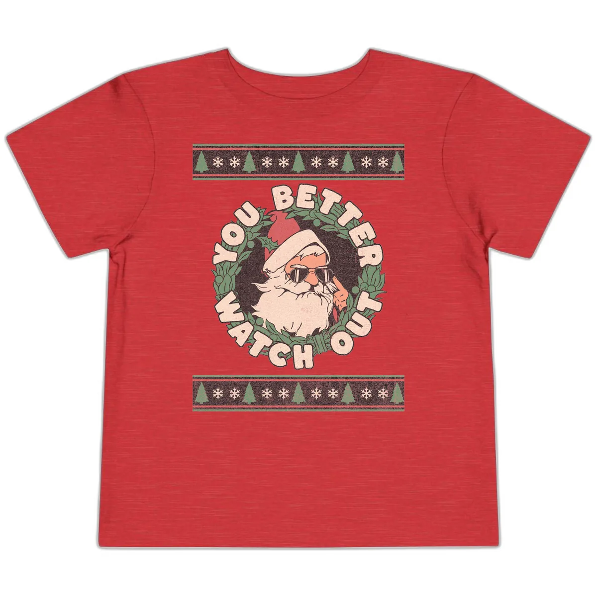 Santa's Watch Out Christmas Crewneck Toddler T-Shirt in Heather Red