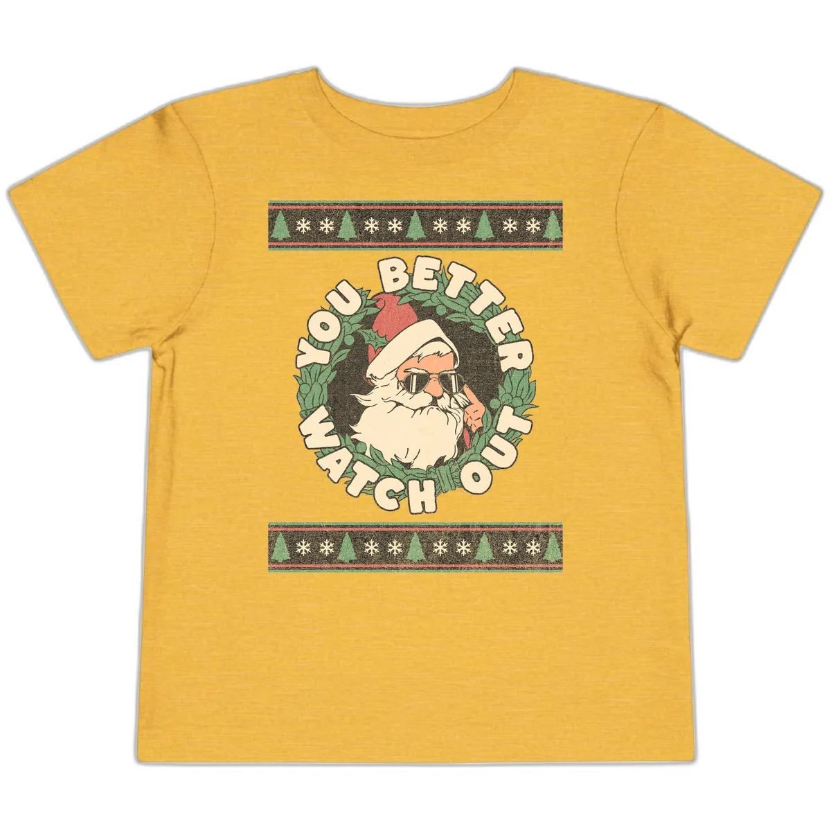 Santa's Watch Out Christmas Crewneck Toddler T-Shirt in Heather Yellow Gold