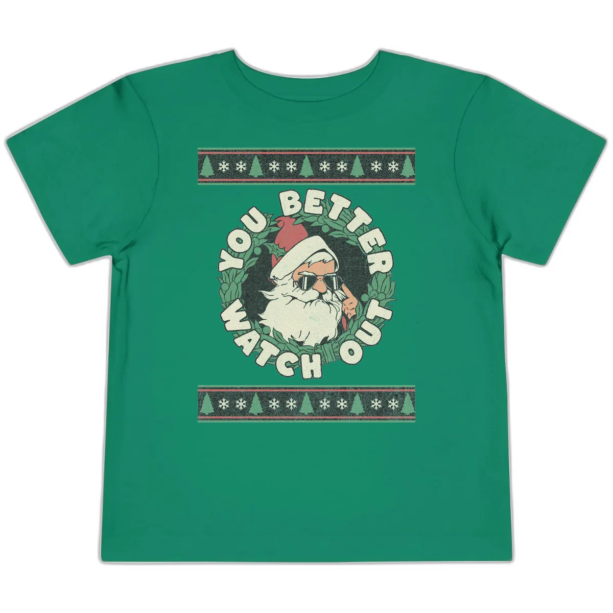 Santa's Watch Out Christmas Crewneck Toddler T-Shirt in Kelly