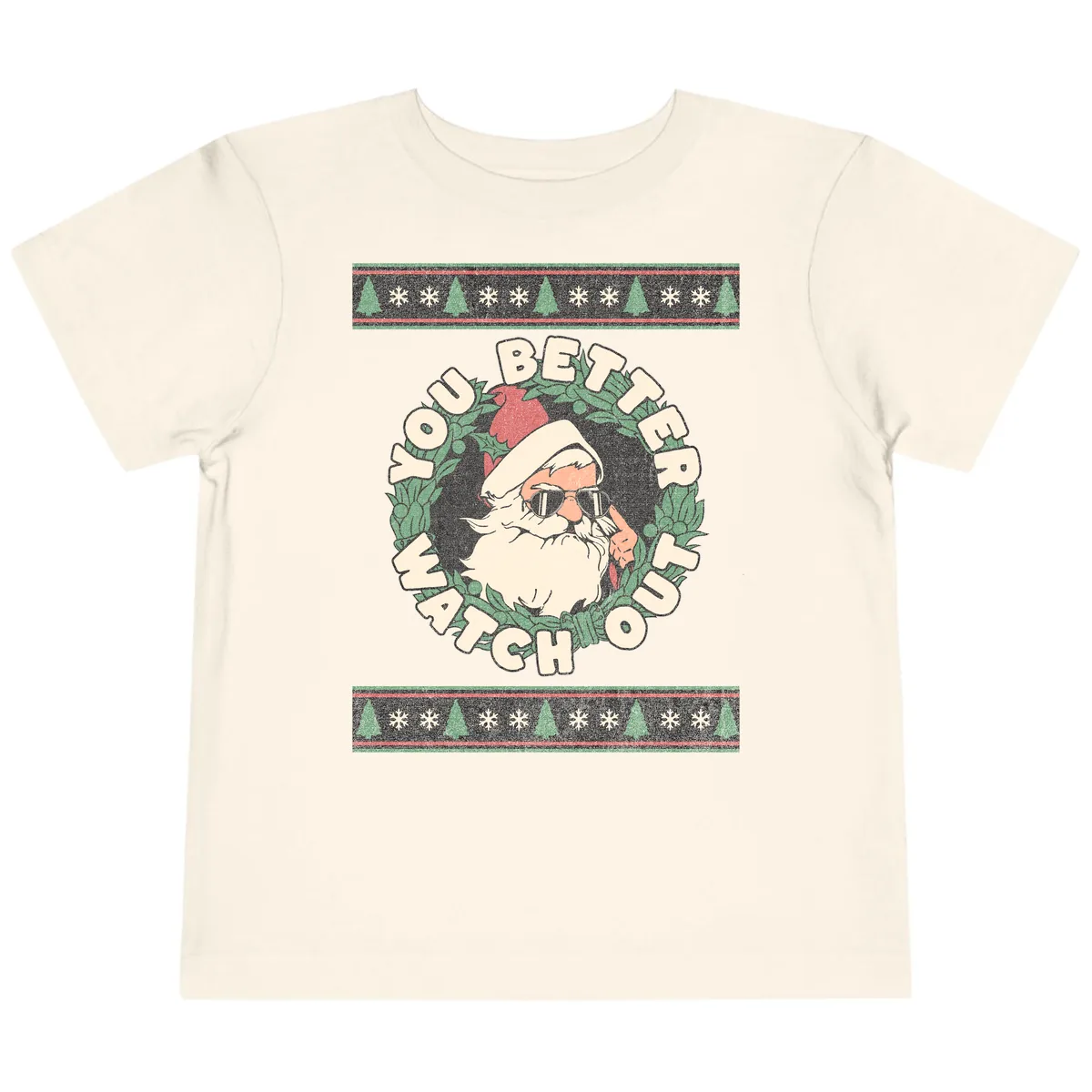 Santa's Watch Out Christmas Crewneck Toddler T-Shirt in Natural