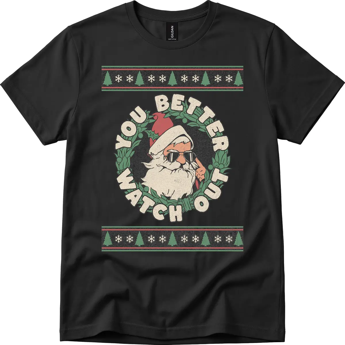 Santa's Watch Out Christmas Crewneck T-Shirt in Black