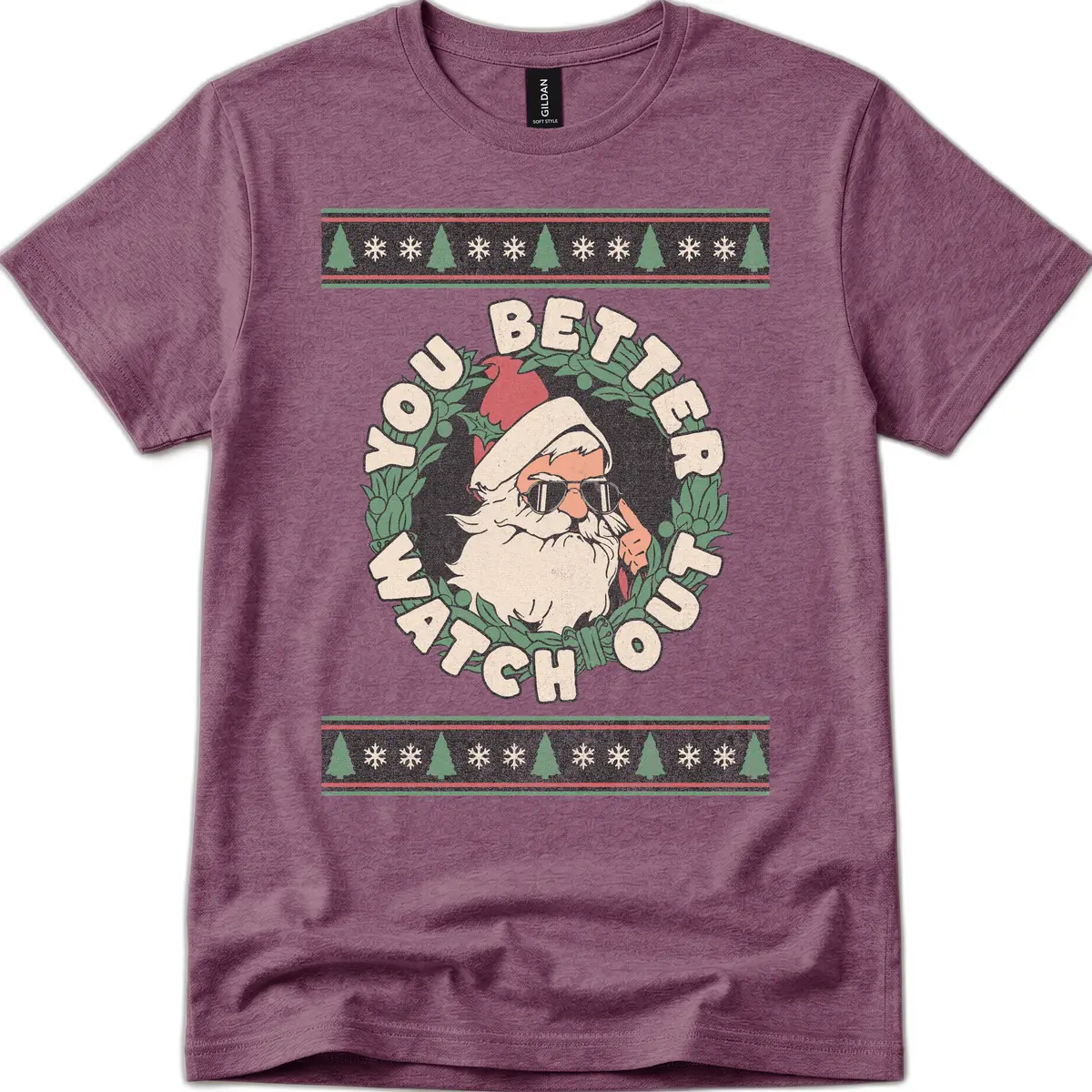 Santa's Watch Out Christmas Crewneck T-Shirt in Heather Maroon