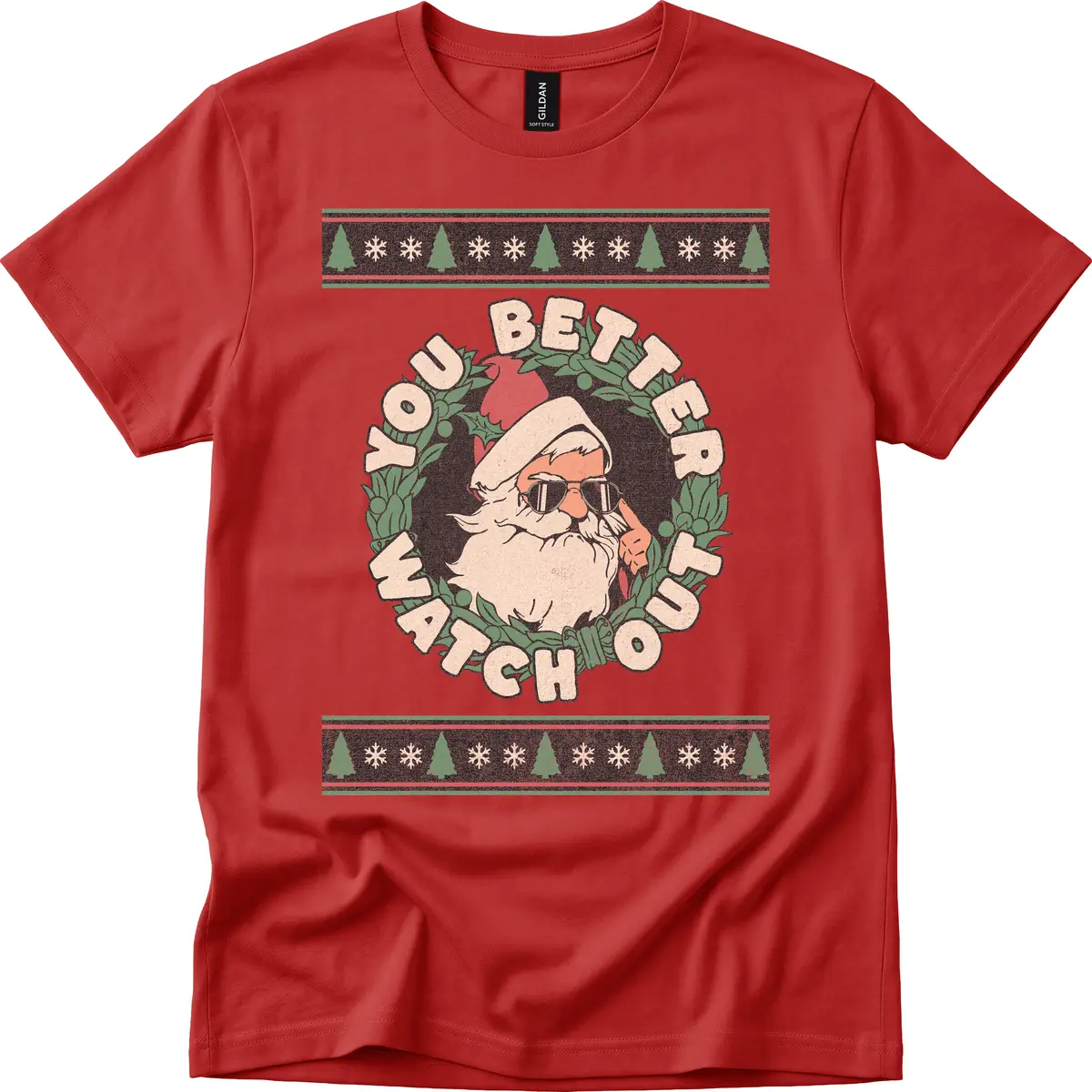Santa's Watch Out Christmas Crewneck T-Shirt in Red