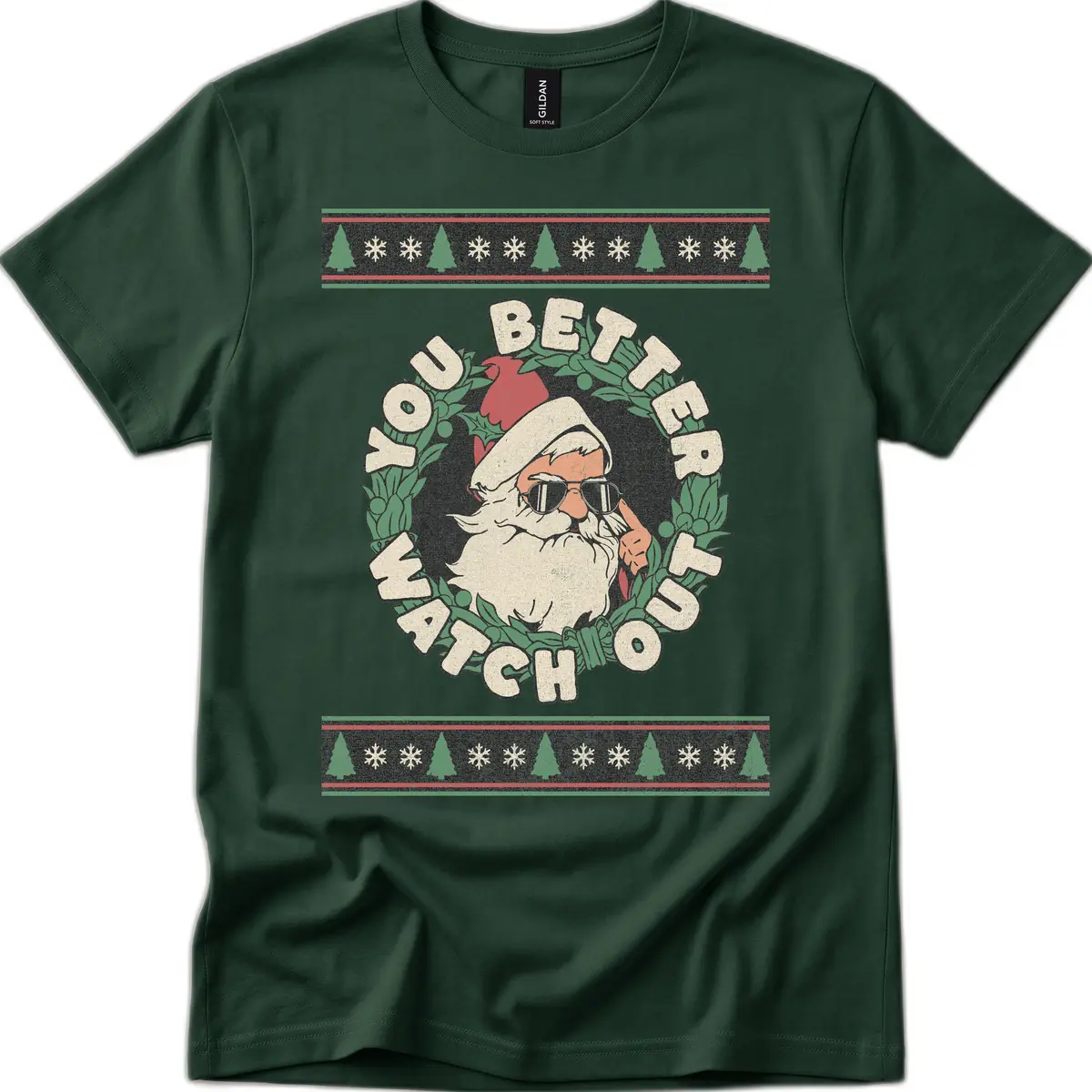 Santa's Watch Out Christmas Crewneck T-Shirt in Forest Green