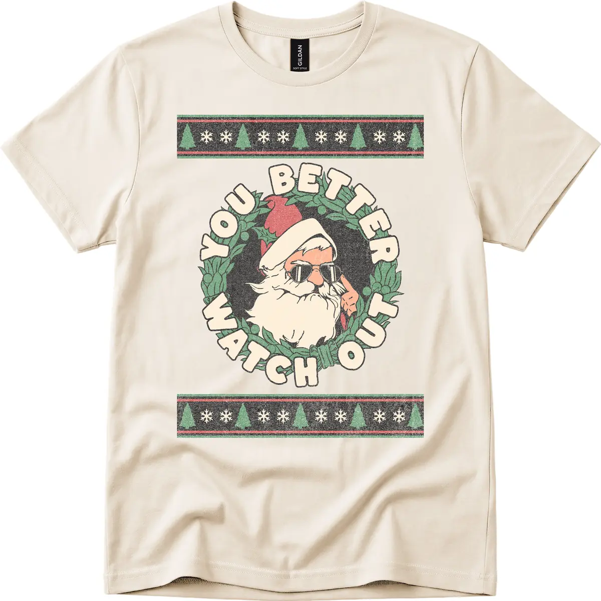 Santa's Watch Out Christmas Crewneck T-Shirt in Natural