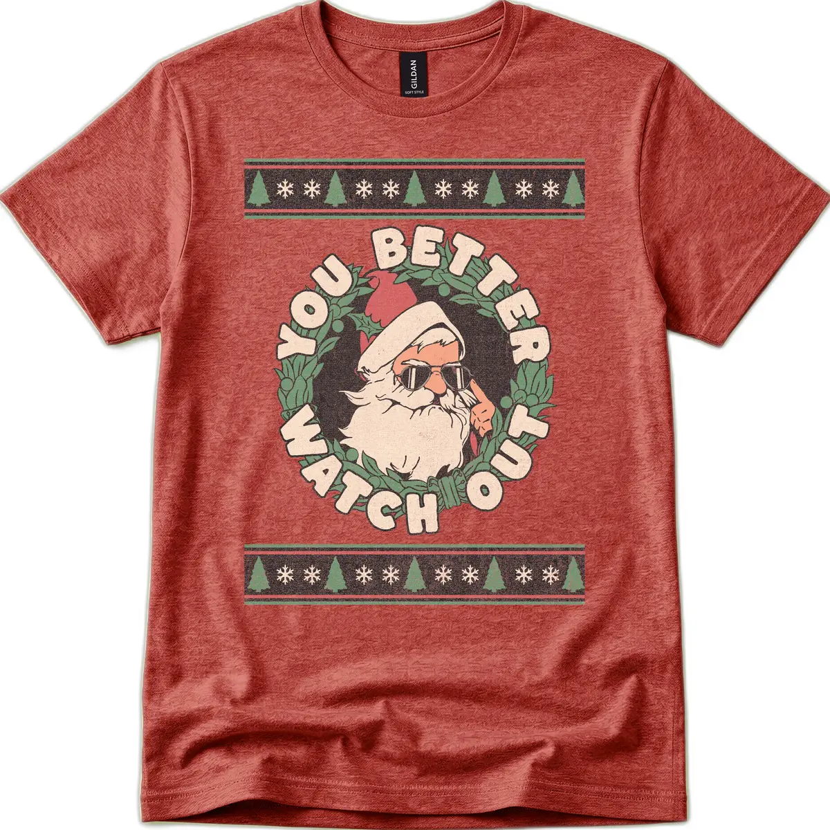 Santa's Watch Out Christmas Crewneck T-Shirt in Heather Cardinal