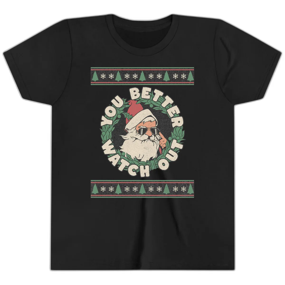 Santa's Watch Out Christmas Crewneck Youth T-Shirt in Black