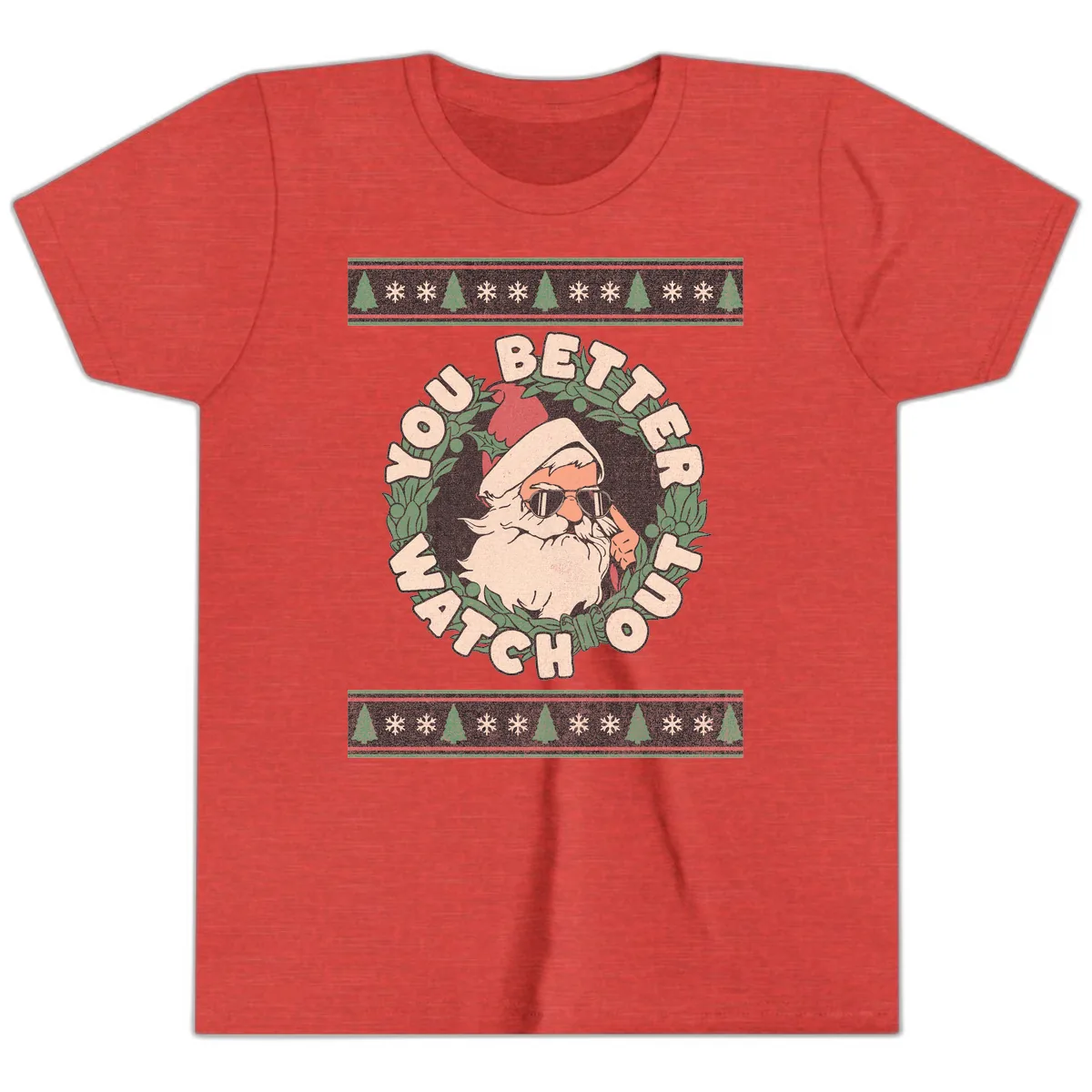 Santa's Watch Out Christmas Crewneck Youth T-Shirt in Heather Red