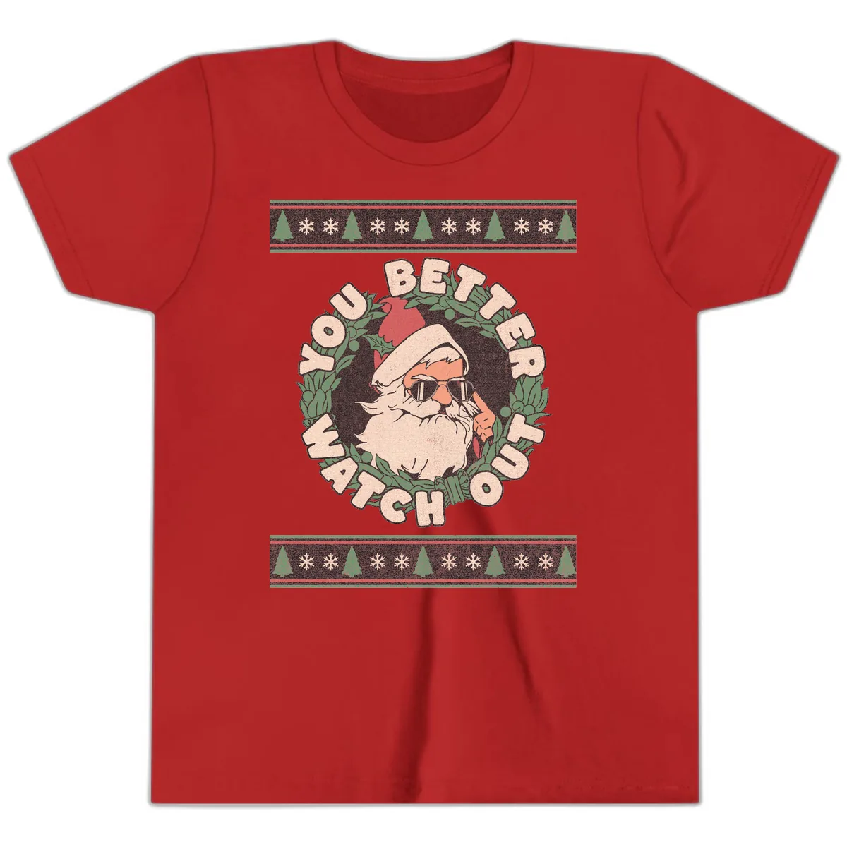 Santa's Watch Out Christmas Crewneck Youth T-Shirt in Red