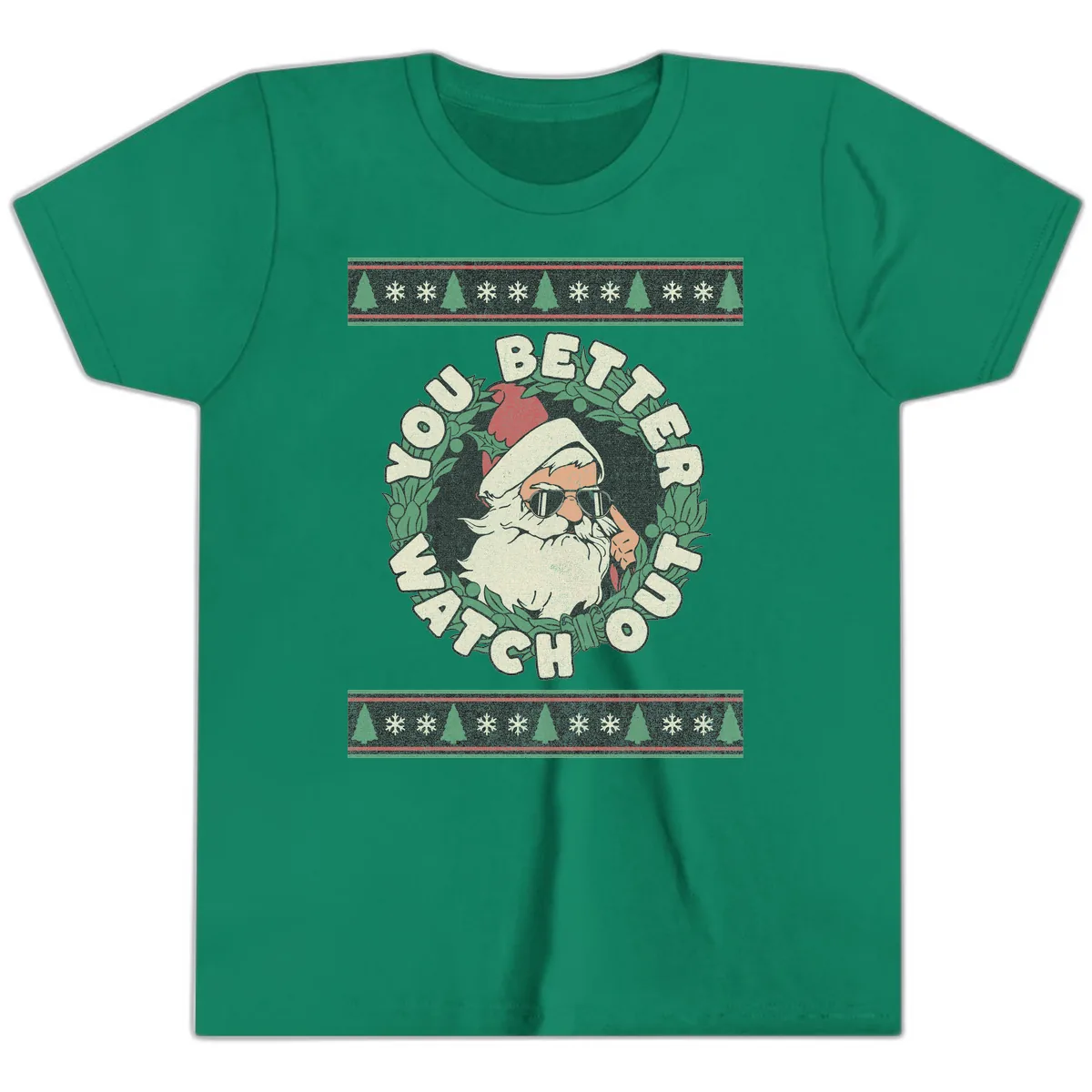 Santa's Watch Out Christmas Crewneck Youth T-Shirt in Kelly