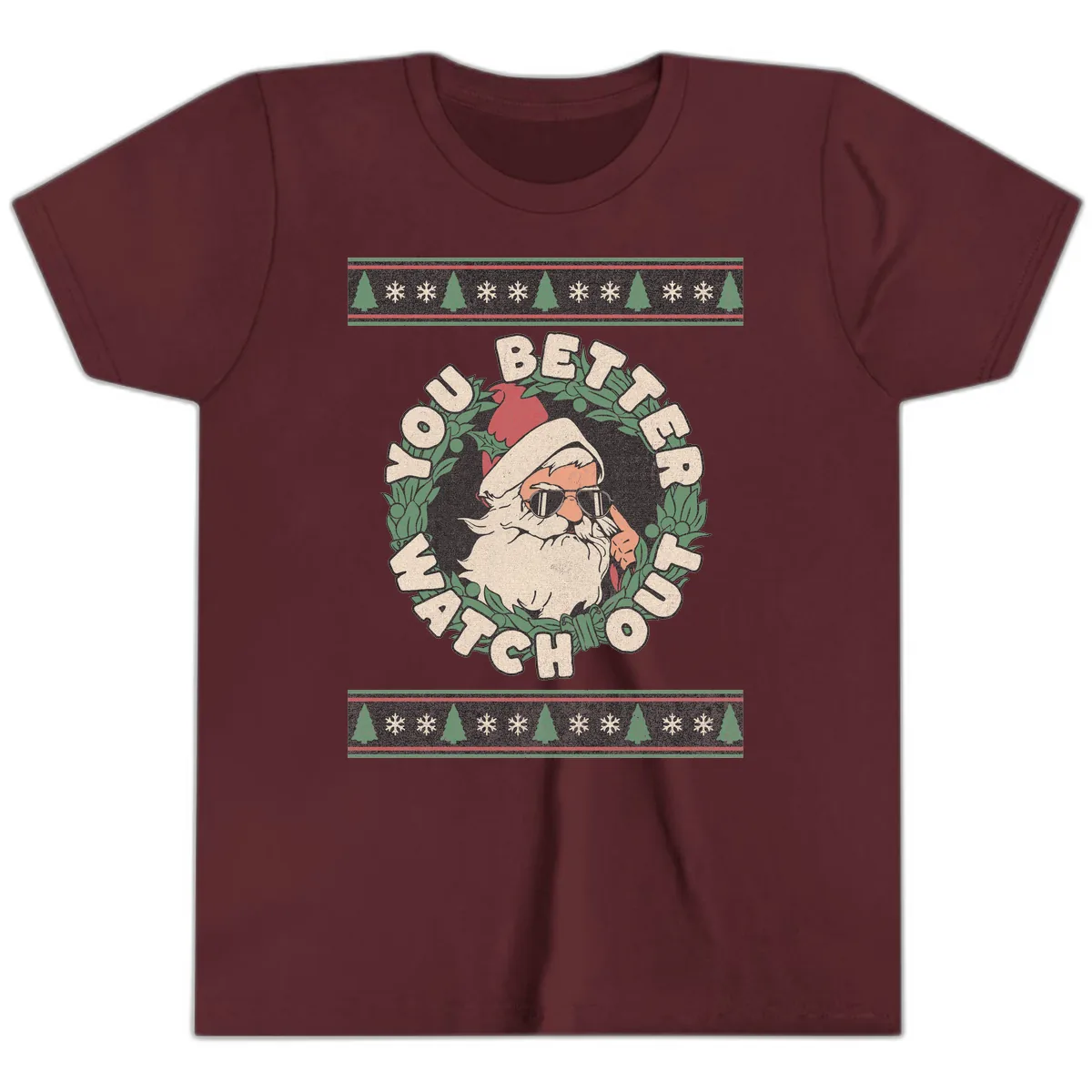 Santa's Watch Out Christmas Crewneck Youth T-Shirt in Maroon