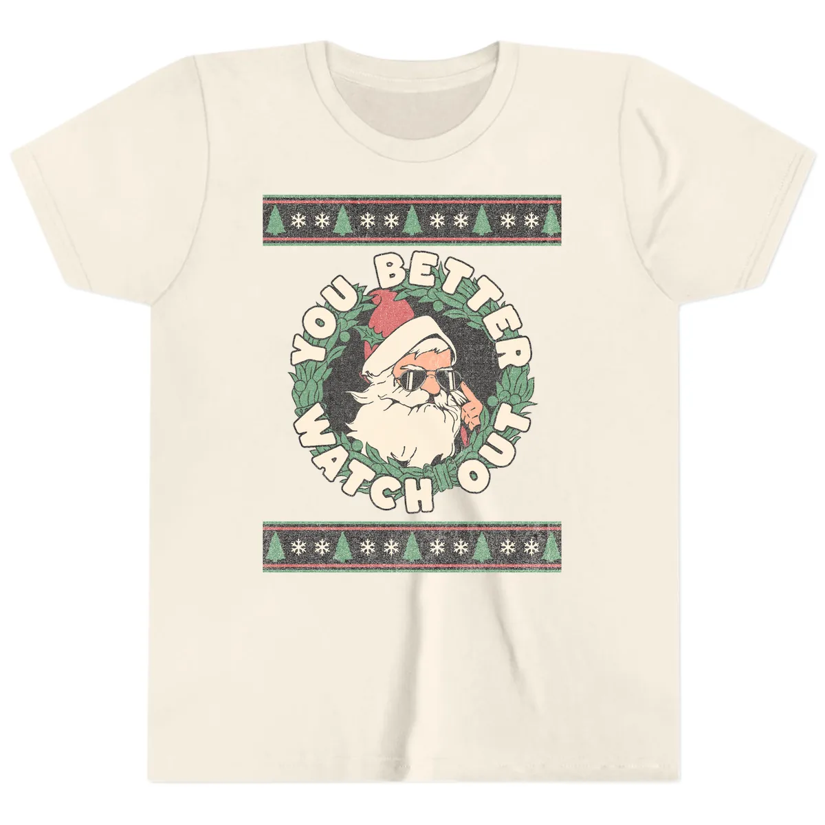 Santa's Watch Out Christmas Crewneck Youth T-Shirt in Natural