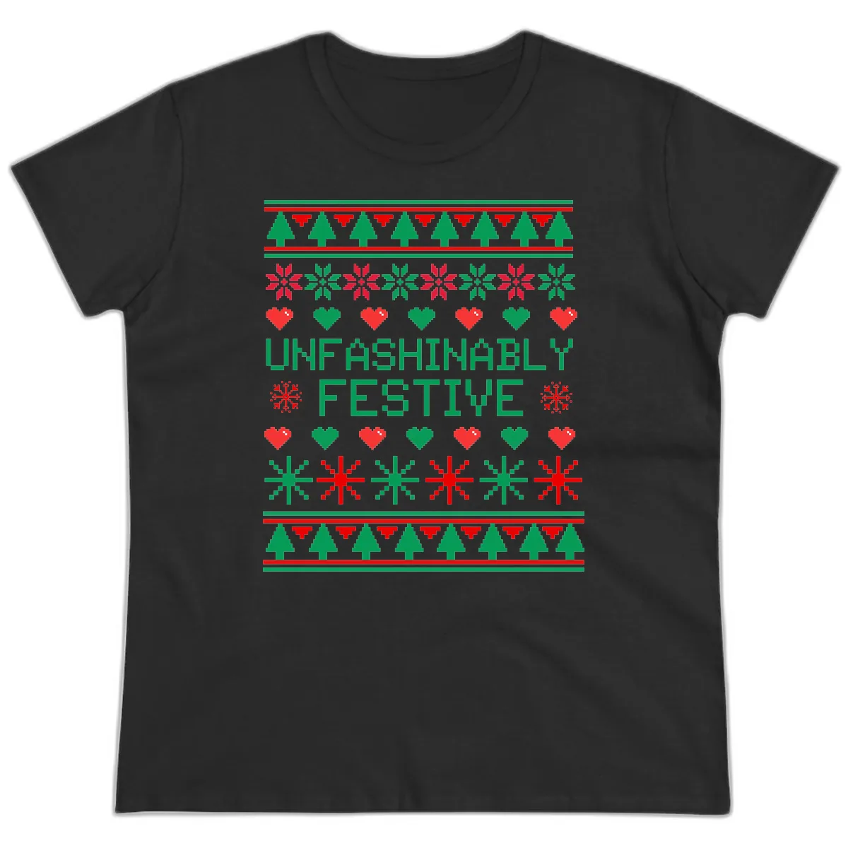 Unfashionably Festive Ugly Christmas Sweater Ladies Tee in Black