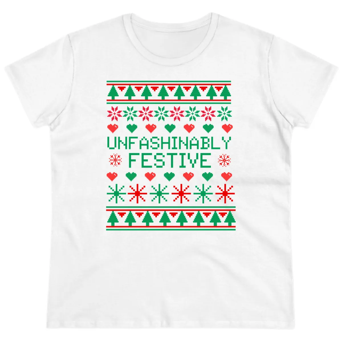 Unfashionably Festive Ugly Christmas Sweater Ladies Tee in White
