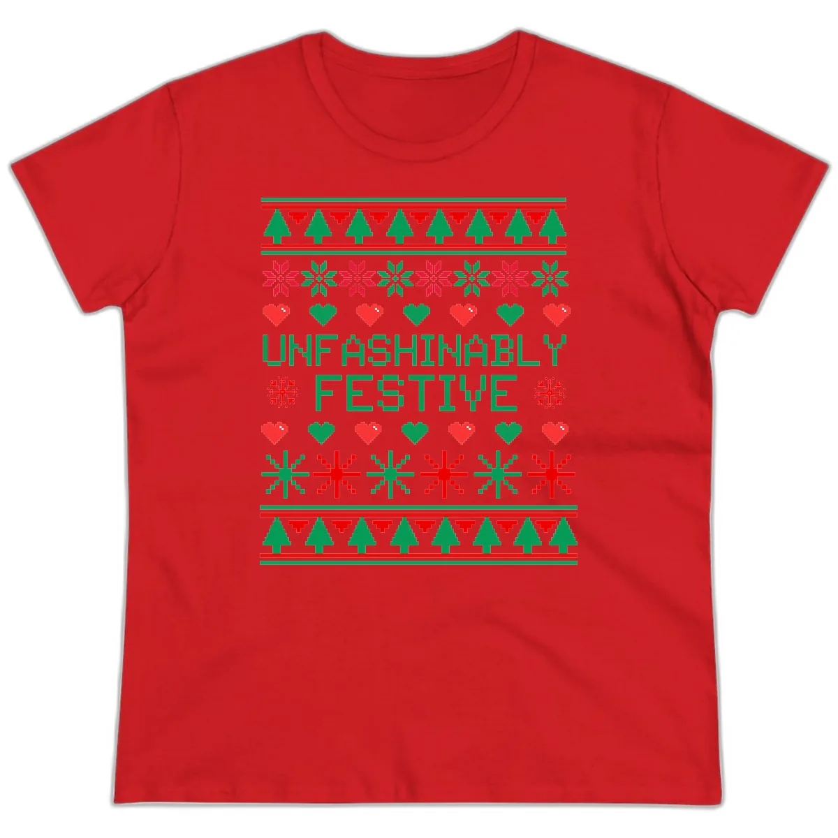 Unfashionably Festive Ugly Christmas Sweater Ladies Tee in Red