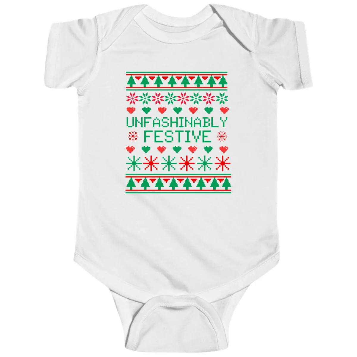 Unfashionably Festive Ugly Christmas Sweater Baby Onesie in White
