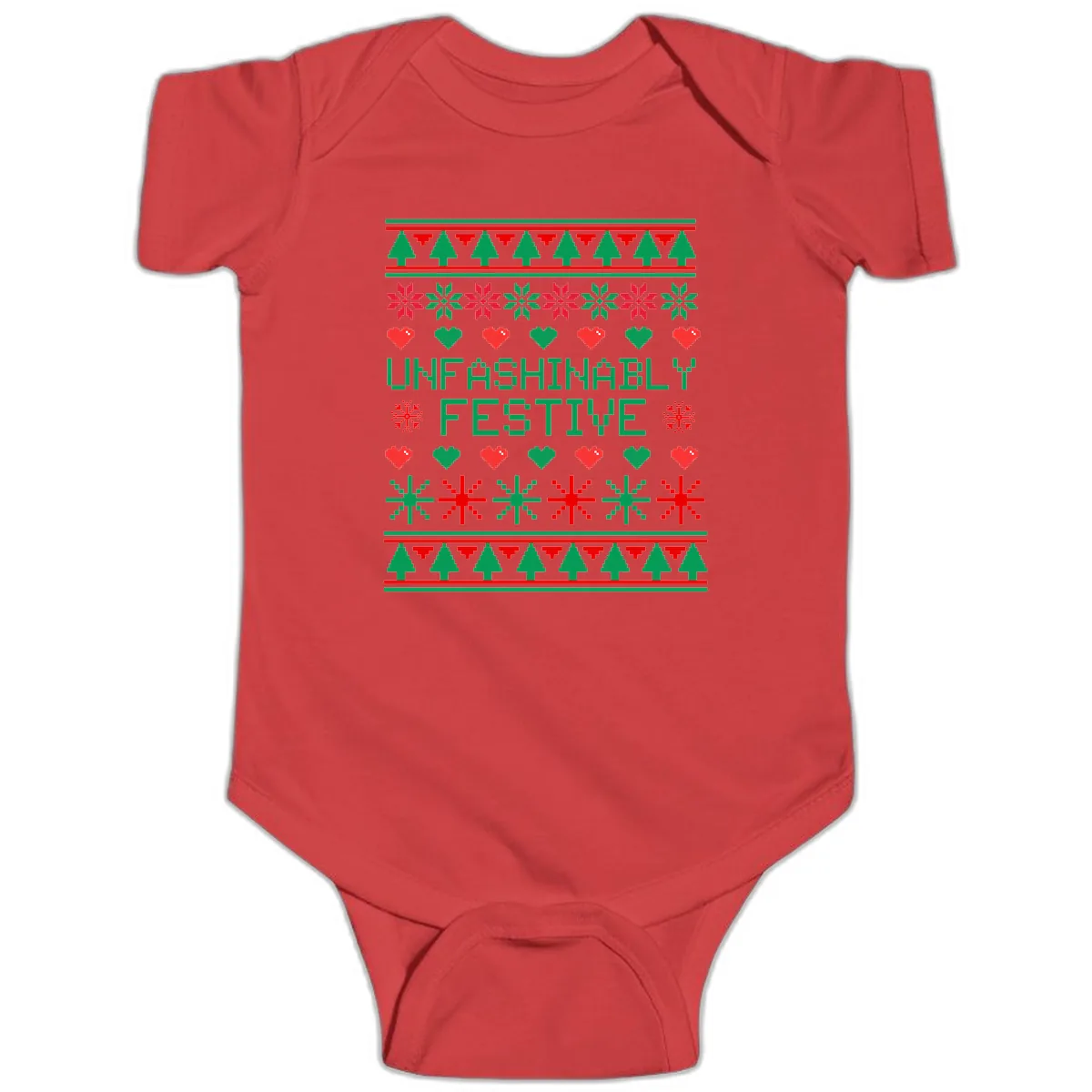 Unfashionably Festive Ugly Christmas Sweater Baby Onesie in Red