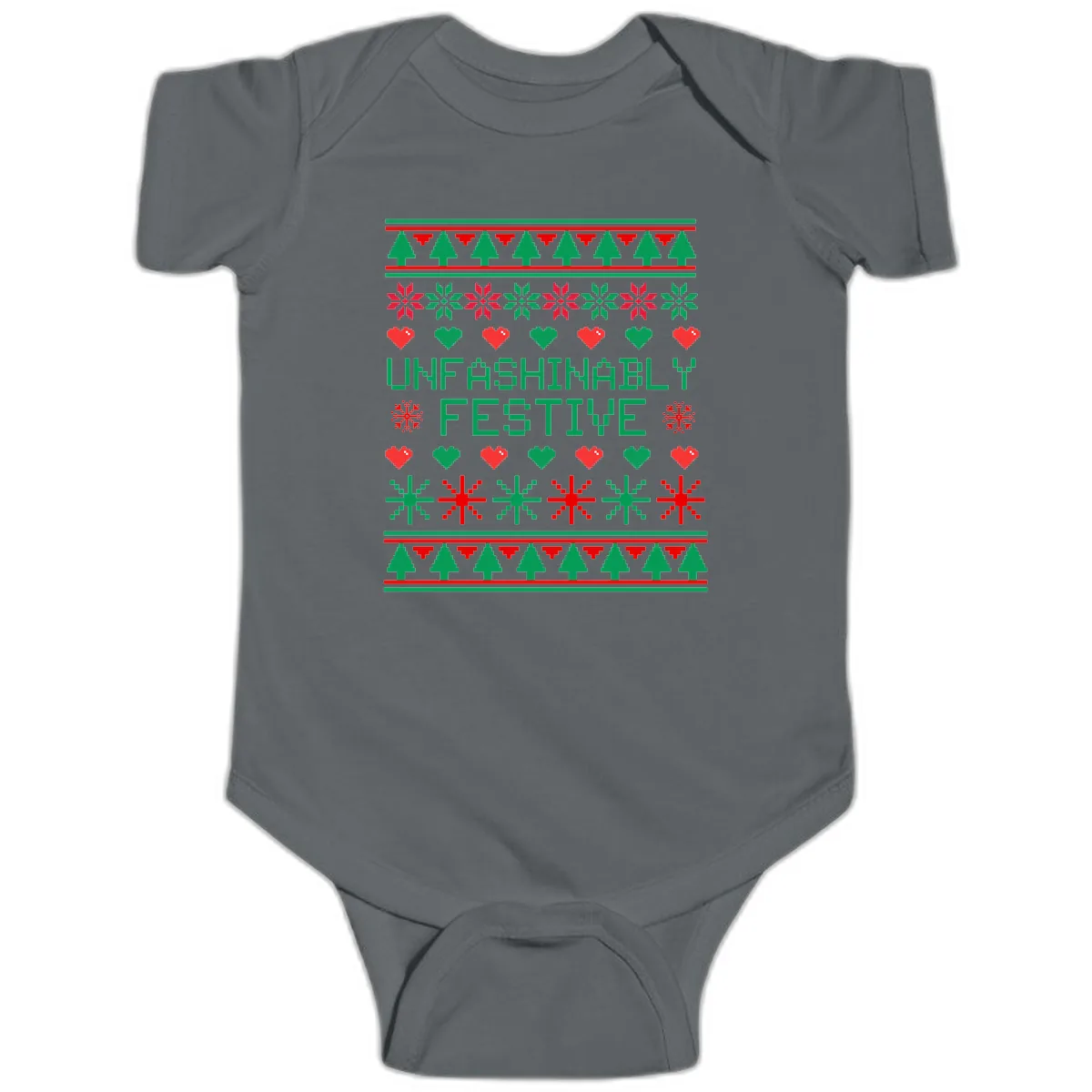 Unfashionably Festive Ugly Christmas Sweater Baby Onesie in Charcoal
