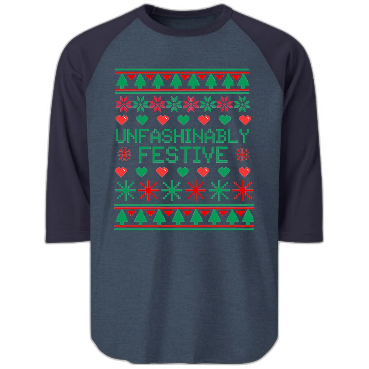 Unfashionably Festive Ugly Christmas Sweater Raglan 3/4 in Heather Denim Navy