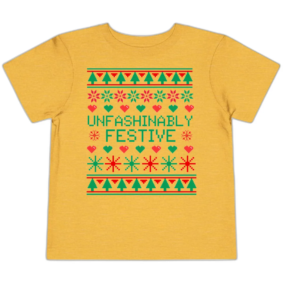 Unfashionably Festive Ugly Christmas Sweater Toddler T-Shirt in Heather Yellow Gold