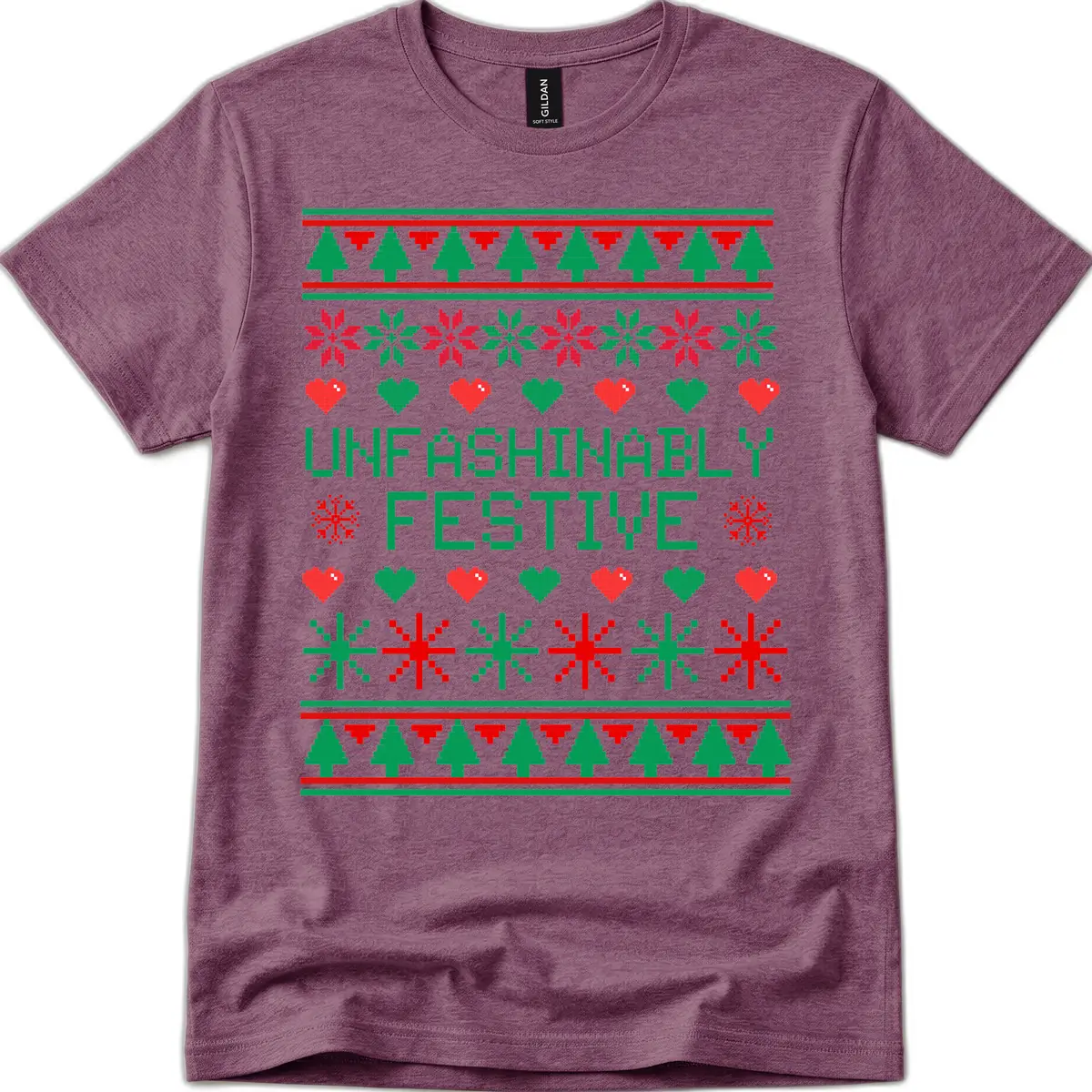 Unfashionably Festive Ugly Christmas Sweater T-Shirt in Heather Maroon