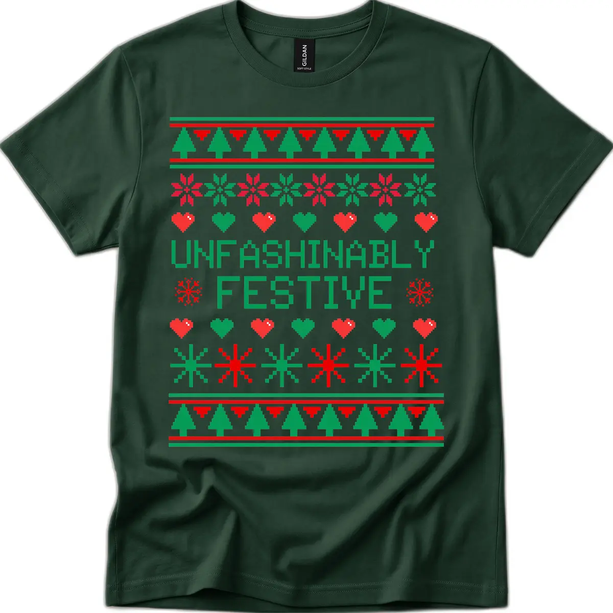 Unfashionably Festive Ugly Christmas Sweater T-Shirt in Forest Green