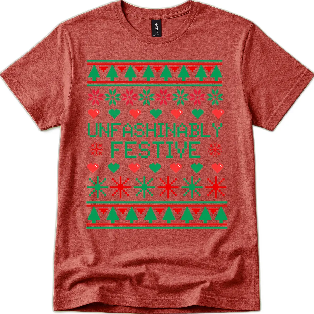 Unfashionably Festive Ugly Christmas Sweater T-Shirt in Heather Cardinal