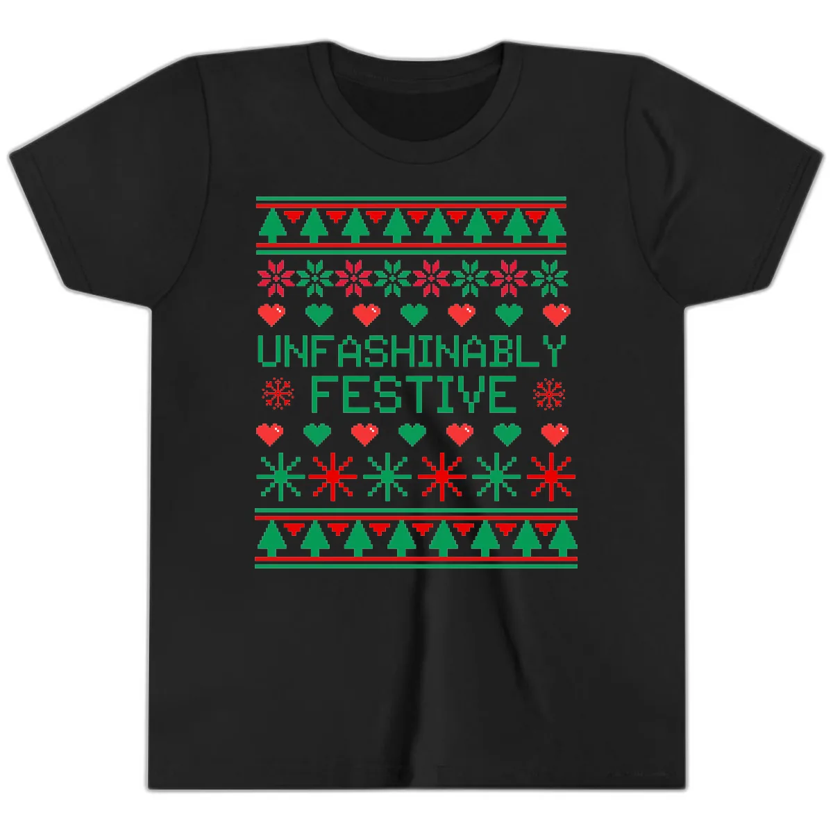 Unfashionably Festive Ugly Christmas Sweater Youth T-Shirt in Black