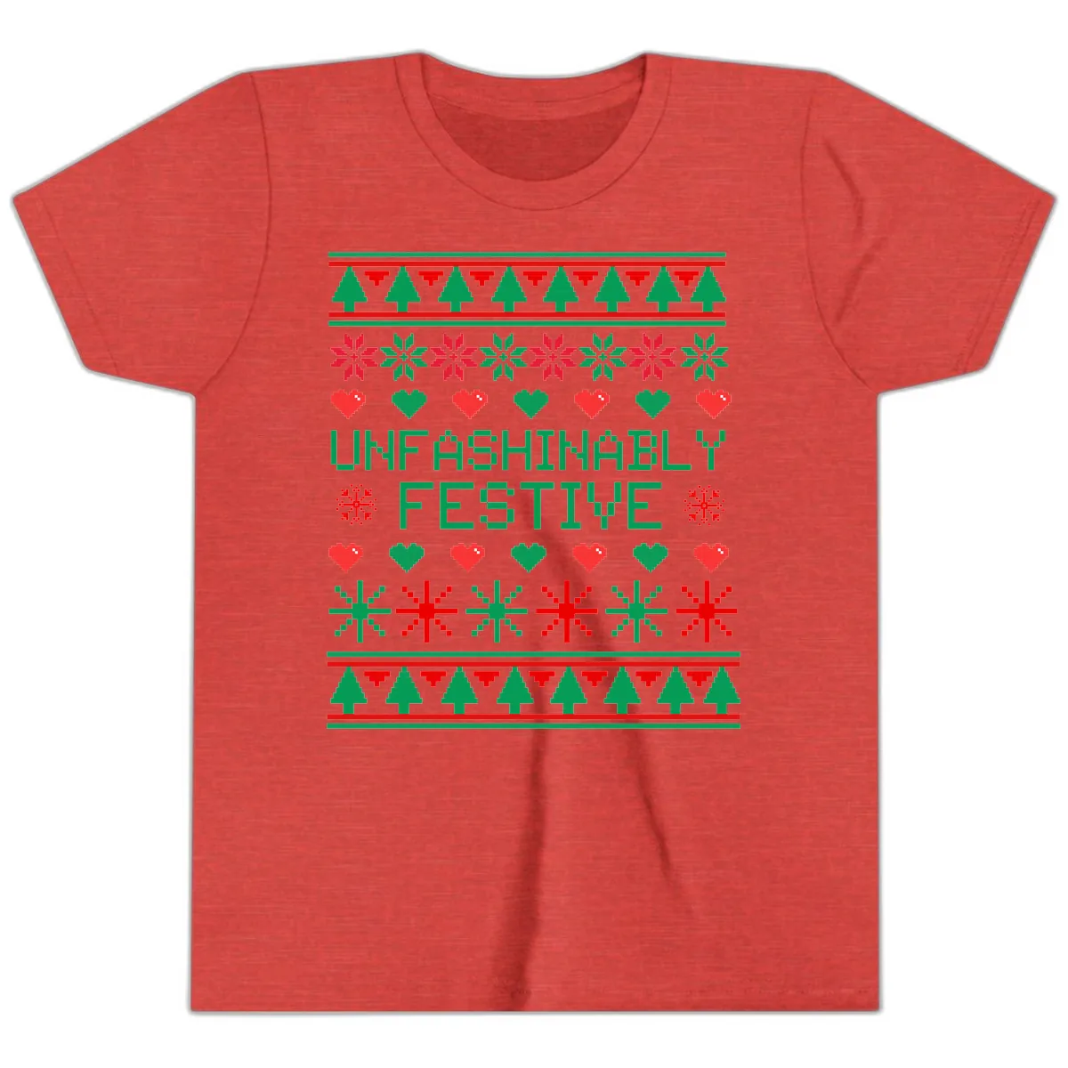 Unfashionably Festive Ugly Christmas Sweater Youth T-Shirt in Heather Red