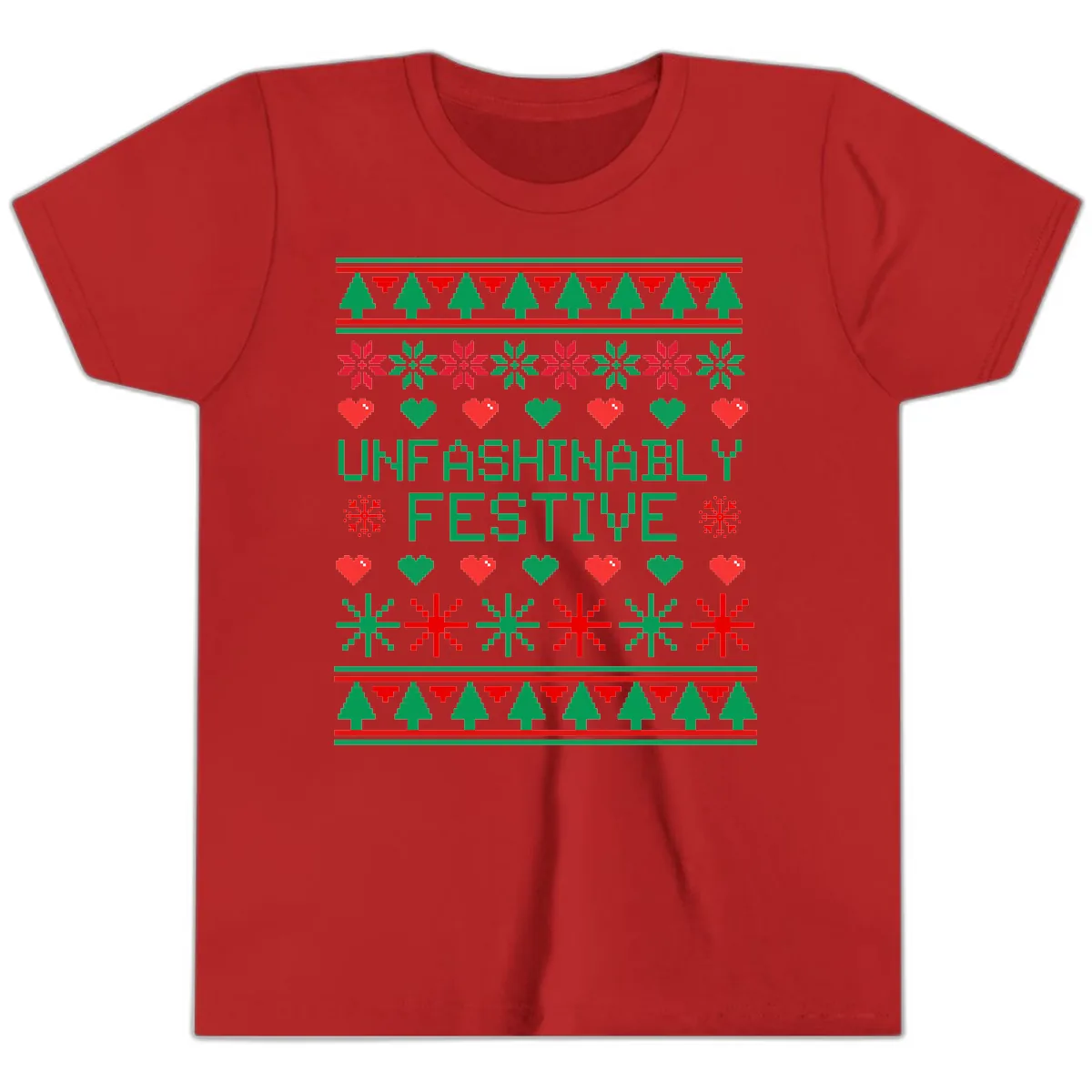 Unfashionably Festive Ugly Christmas Sweater Youth T-Shirt in Red