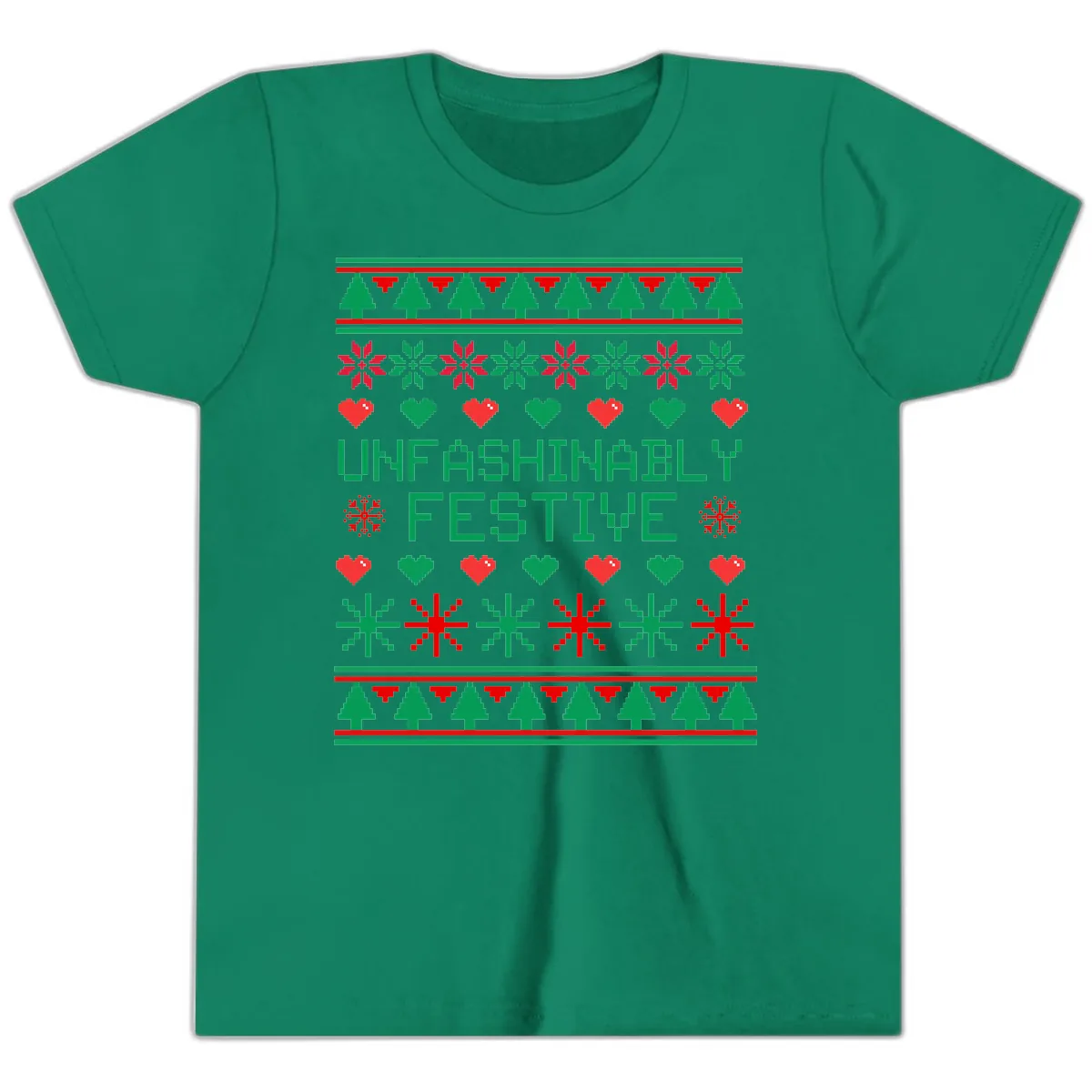 Unfashionably Festive Ugly Christmas Sweater Youth T-Shirt in Kelly