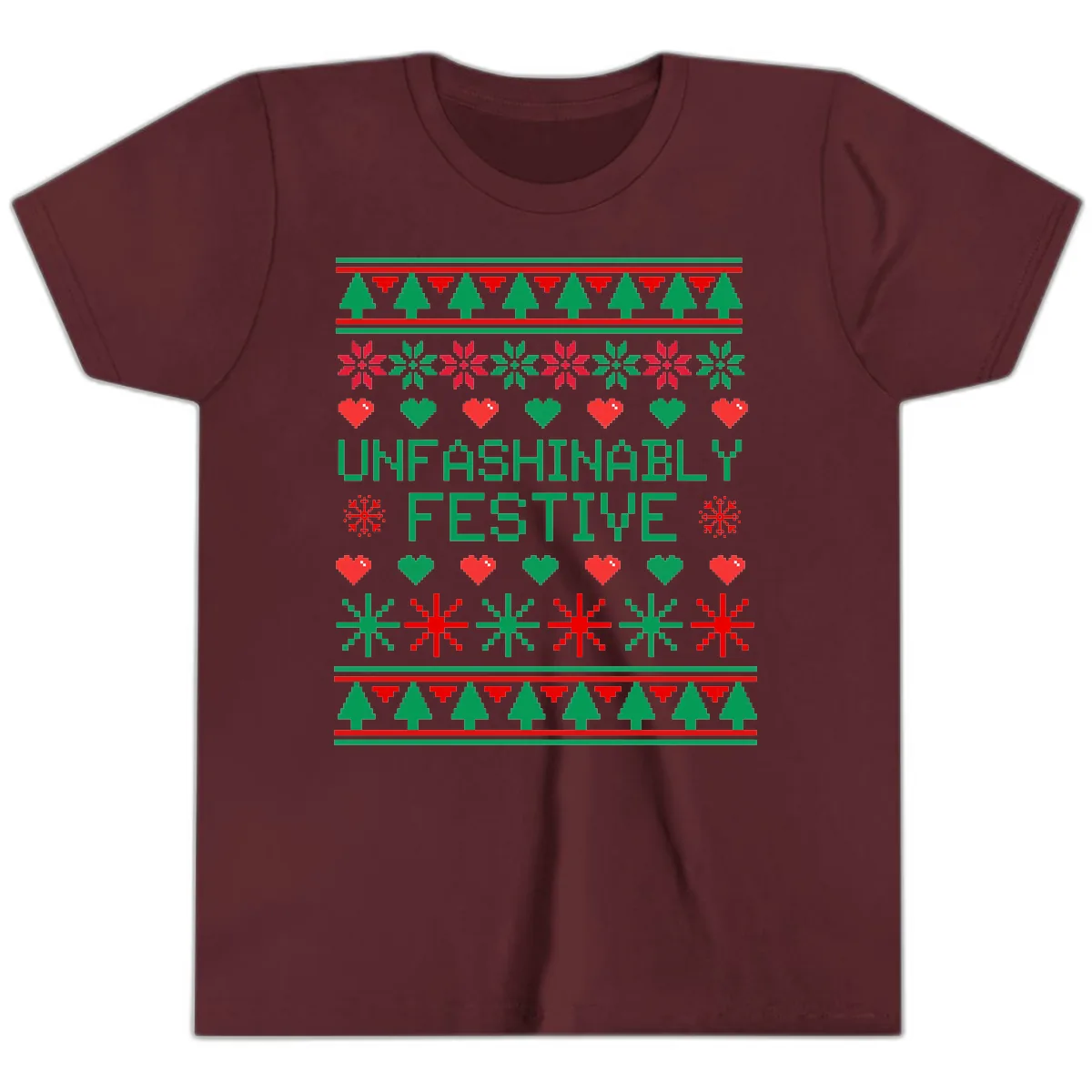Unfashionably Festive Ugly Christmas Sweater Youth T-Shirt in Maroon