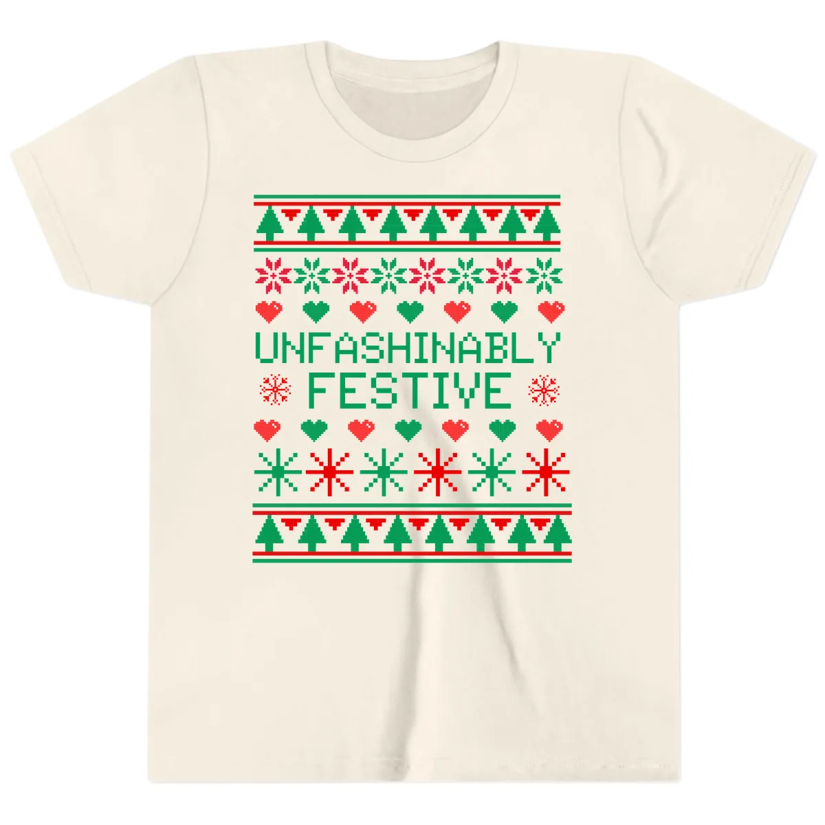 Unfashionably Festive Ugly Christmas Sweater Youth T-Shirt in Natural