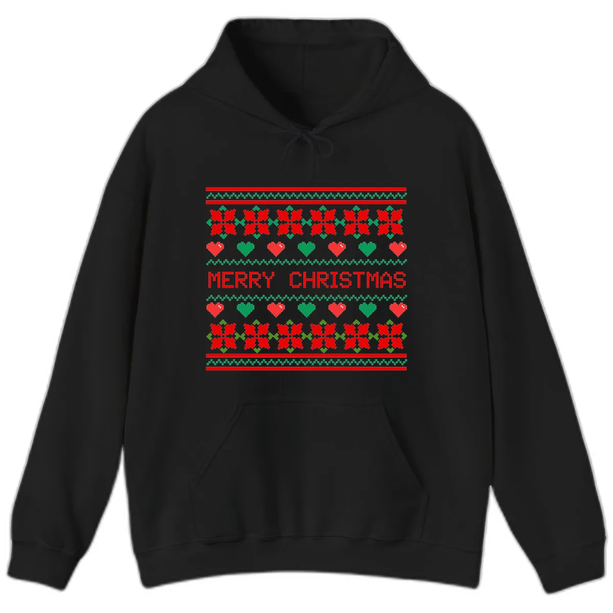 Merry Christmas Pixel Pattern Hoodie in Black