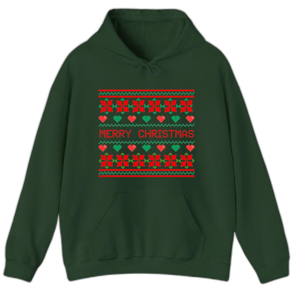Merry Christmas Pixel Pattern Hoodie in Forest Green