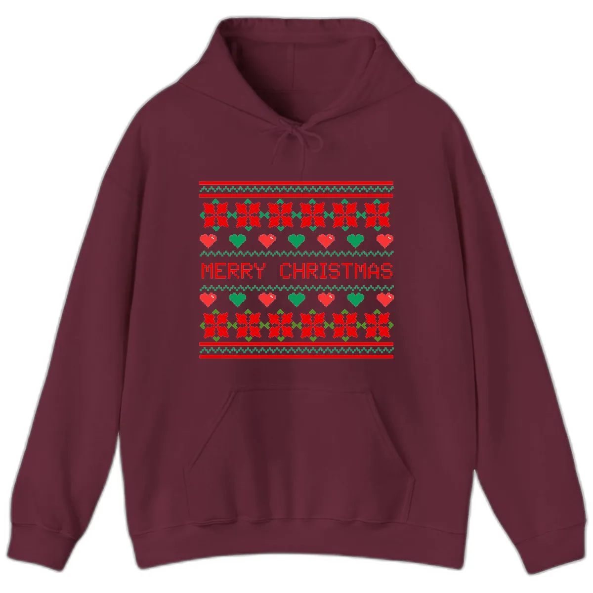 Merry Christmas Pixel Pattern Hoodie in Maroon