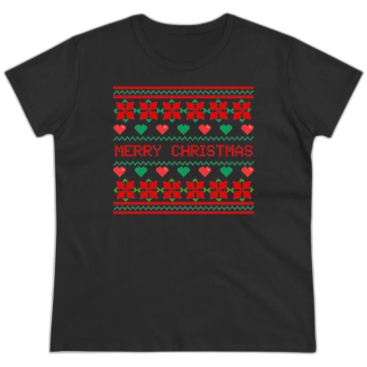 Merry Christmas Pixel Pattern Ladies Tee in Black