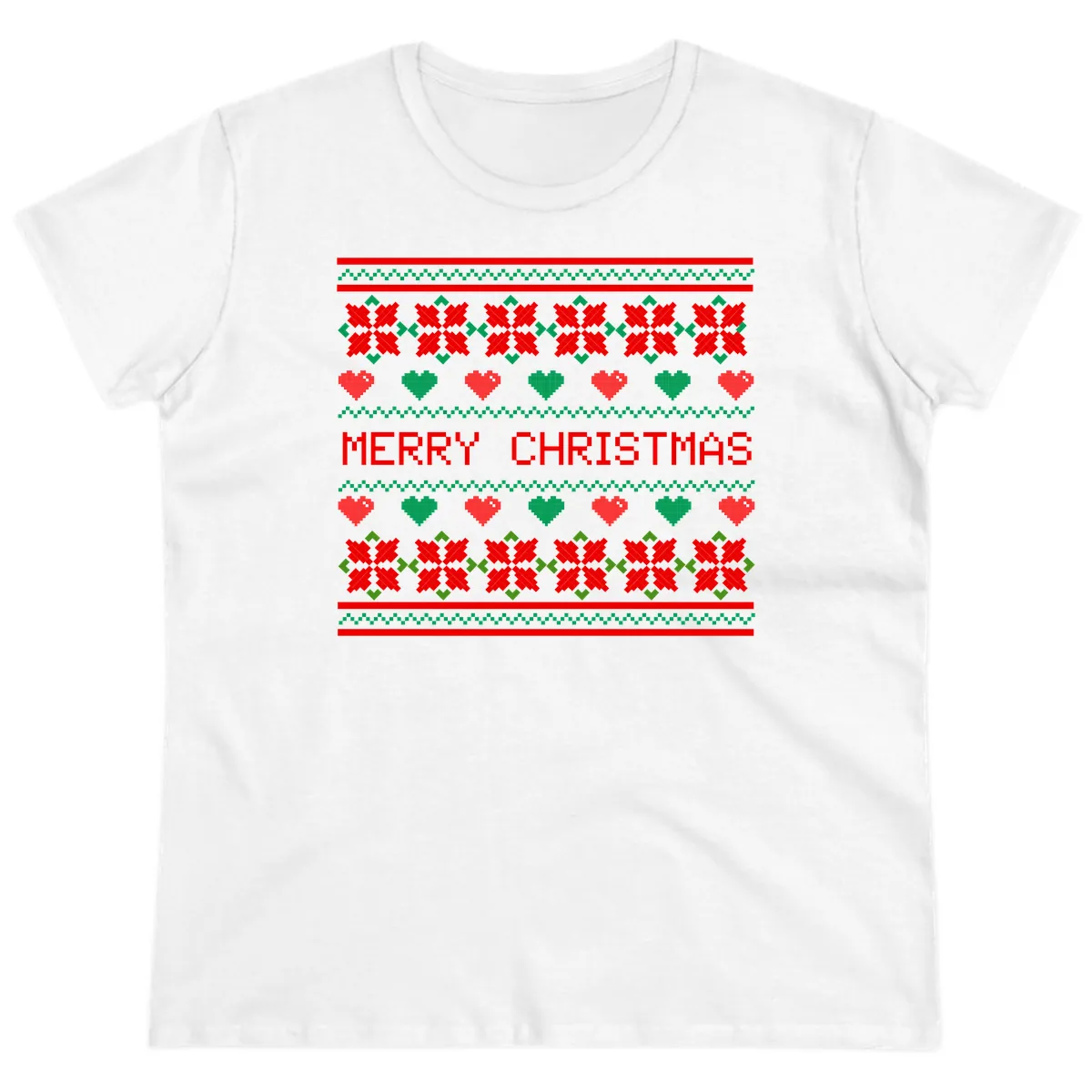 Merry Christmas Pixel Pattern Ladies Tee in White