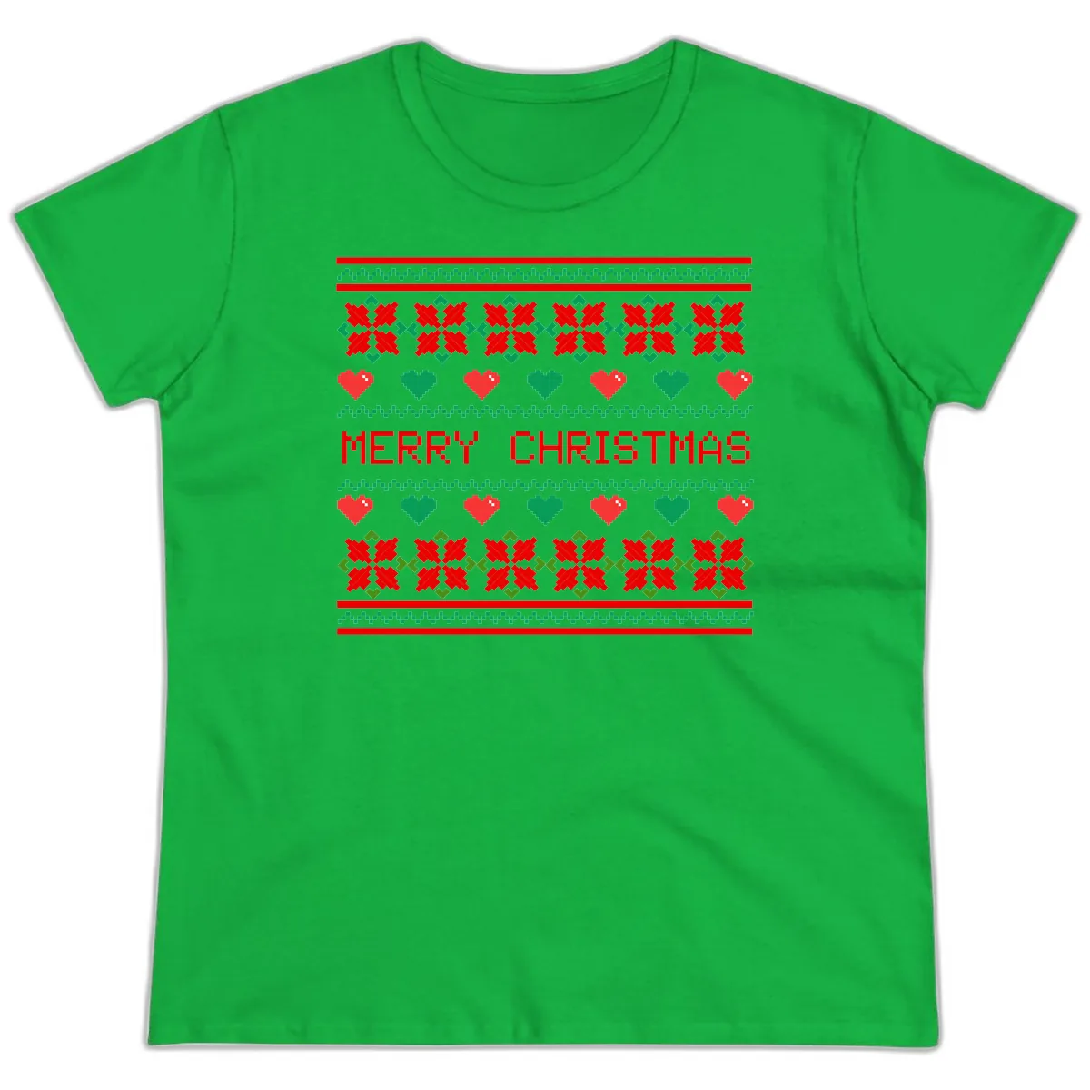 Merry Christmas Pixel Pattern Ladies Tee in Irish Green