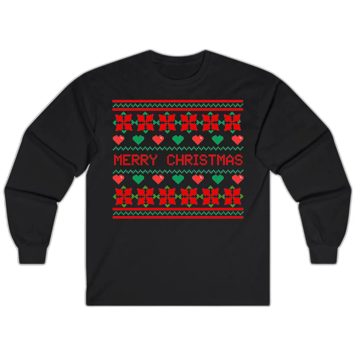 Merry Christmas Pixel Pattern Long Sleeve in Black