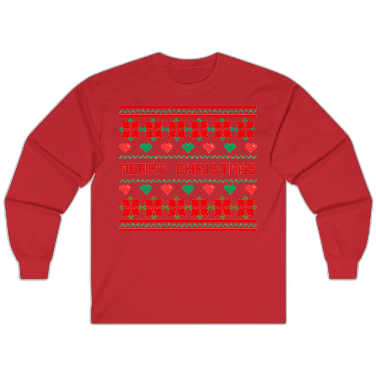 Merry Christmas Pixel Pattern Long Sleeve in Red