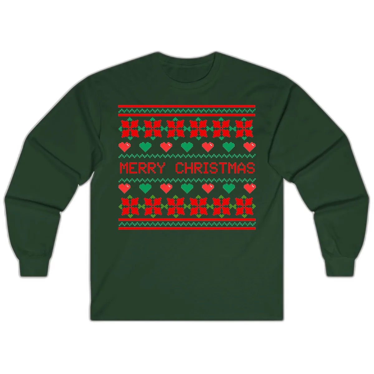 Merry Christmas Pixel Pattern Long Sleeve in Forest Green