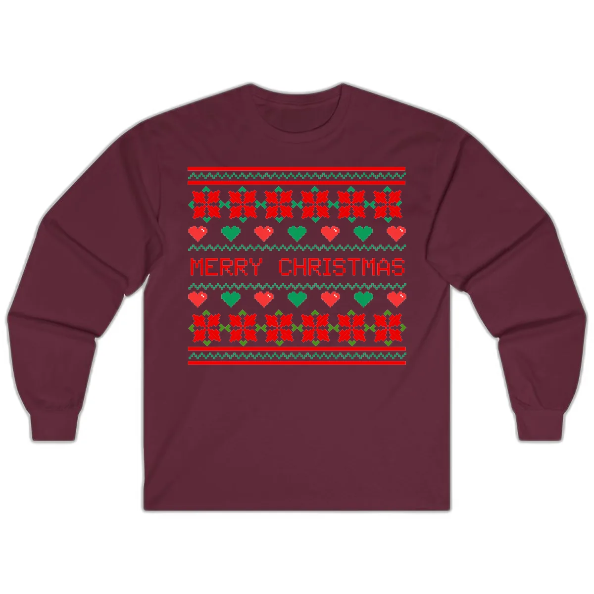 Merry Christmas Pixel Pattern Long Sleeve in Maroon